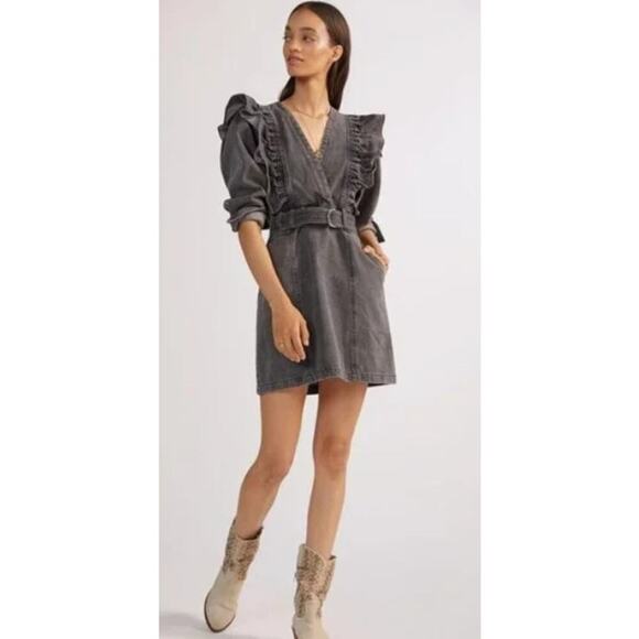 Anthropologie Alexia Magali Pascal Denim Carbon Mini Dress Ruffle belt accent 6 - Picture 1 of 16